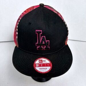 New Era LA Dodgers 9FIFTY Snapback Hat Pink Logo Plaid Accents Medium-Large